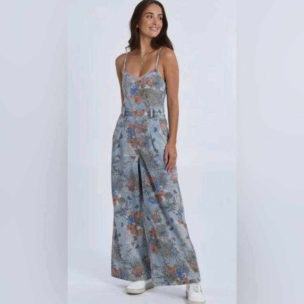Molly Bracken wide leg lace back floral denim jumpsuit